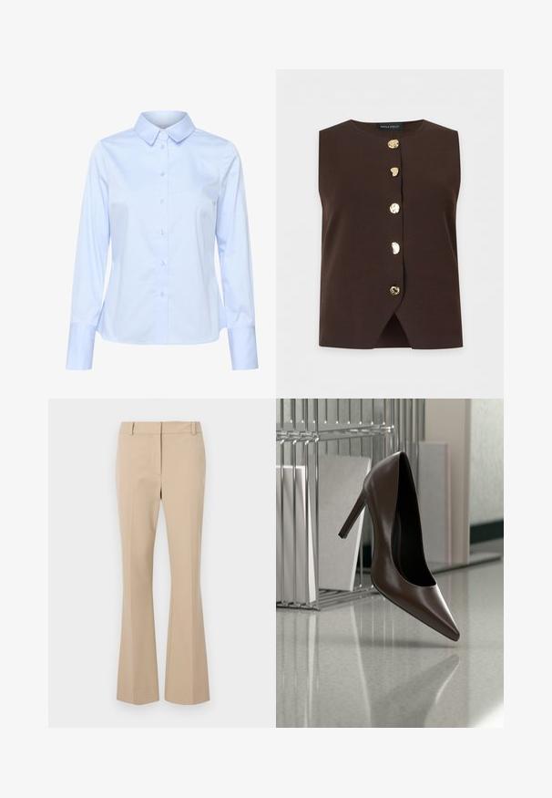 Top marrón oscuro sin mangas con escote redondo y cinco botones dorados irregulares en la parte delantera, con una pequeña abertura frontal en el dobladillo.; Camisa de botones de manga larga color azul claro con cuello clásico, hecha de una tela suave, que presenta una fila de botones en el frente y puños ajustados.; Pantalones beige ajustados de corte recto, con frente plano, trabillas para cinturón y una textura suave. Sin bolsillos ni patrones visibles.; Zapato de cuero marrón oscuro con tacón alto flotando sobre un suelo reflectante junto a un estante metálico con paneles blancos en una habitación.