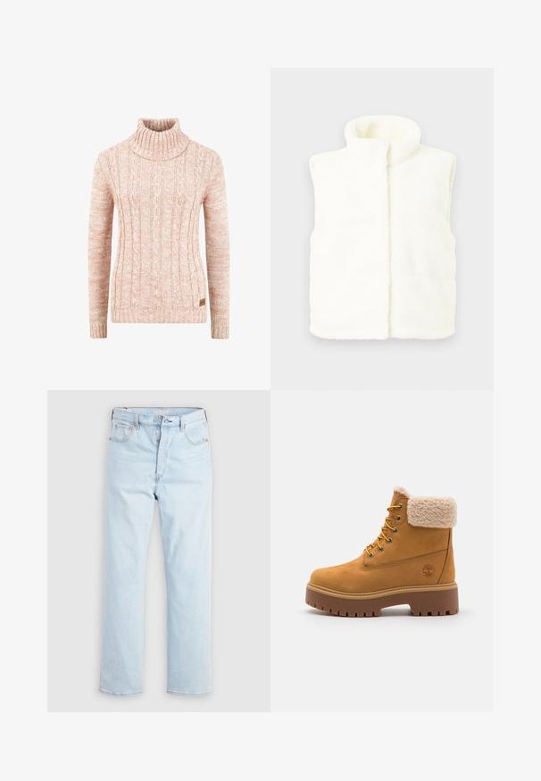 Hvid fleecevest med høj krave, ærmeløs design, tekstureret overflade og syninger foran. Blødt og varmt materiale.; Strikket højhalset sweater i blød ferskenfarve med struktureret kabelmønster, lange ærmer og et vævet mærke på kanten.; Lyseblå jeans med højtaljet, lige ben, knapgylp samt lommer foran og bagpå på ensfarvet hvid baggrund.; Tan ruskindsstøvle med en kunstig pelskrave, gyldne øjer og en kontrasterende gummisål. Har et logo på siden og struktureret sål.