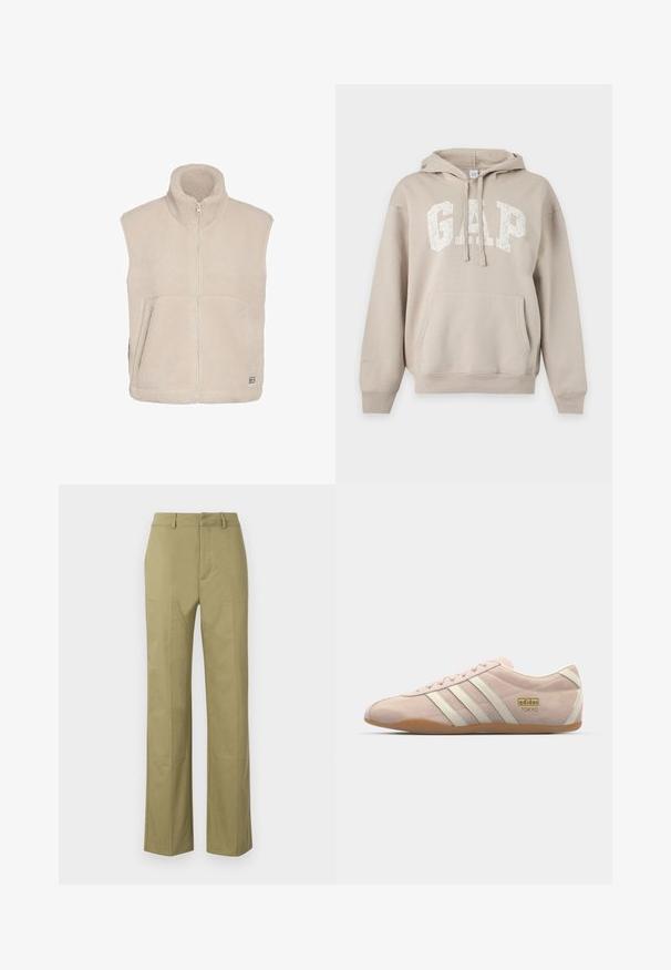 Beige mouwloze fleecevest met opstaande kraag, ritssluiting aan de voorkant en twee zijzakken met rits.; Beige hoodie met buidelzak en "GAP" in grote witte letters op de borst, trekkoorden aan de capuchon.; Khaki broek van een katoenmix, met een rechte pijp, zichtbare naden en zakken aan de voorkant.; adidas Originals TOKYO - Sneakers laag - quartz/off white