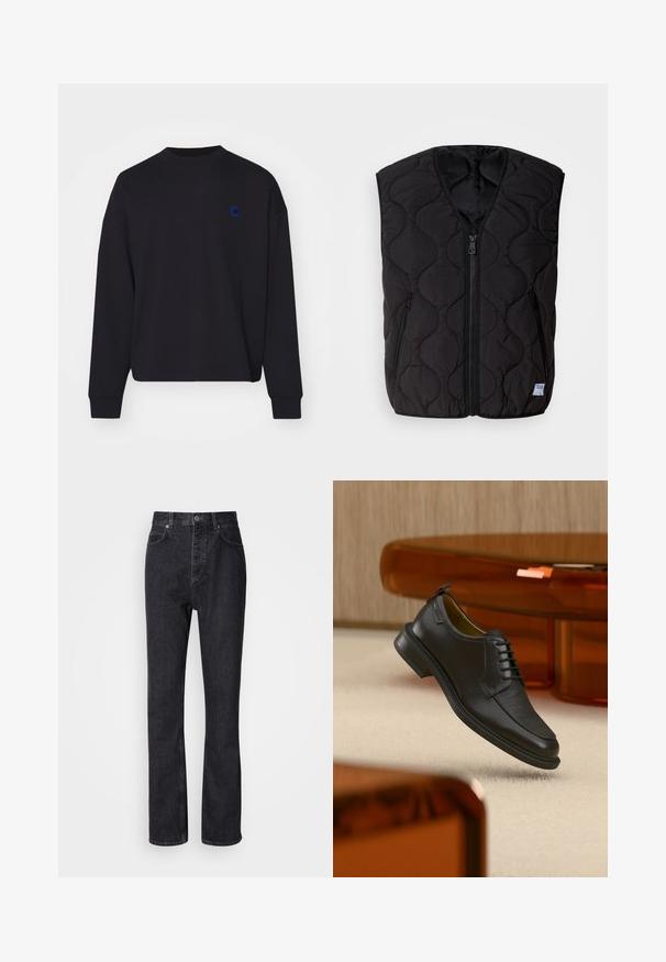 HUGO BOCOLINO - Bodywarmer - black; Zwarte sweatshirt van katoen, met een ronde hals en een losse pasvorm. Het heeft een klein blauw geborduurd logo op de borst.; Hoge taille zwarte denim jeans met een knoop- en ritssluiting, voor- en achterzakken en een rechte pasvorm.; Zwarte leren veterschoen in de stijl van een nette schoen met een gestructureerd vooraanzicht, zwevend boven een beige tapijt in een moderne kamer met amberkleurige meubelen.