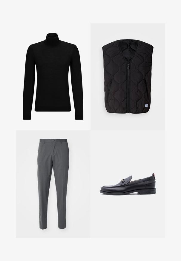 HUGO BOCOLINO - Vest - black; Sort turtleneck sweater lavet af blødt materiale, med lange ærmer og en tætsiddende pasform. Ribbet trim ved kanten og manchetter. Simpelt design.; Grå bukser lavet af et glat stof, der har en knaplukning, forlommer og en slim fit-design.; Sort lædermokasin med grå tekstureret forfod, sølvfarvet metalspænde, lav hæl og trækflap bagpå.