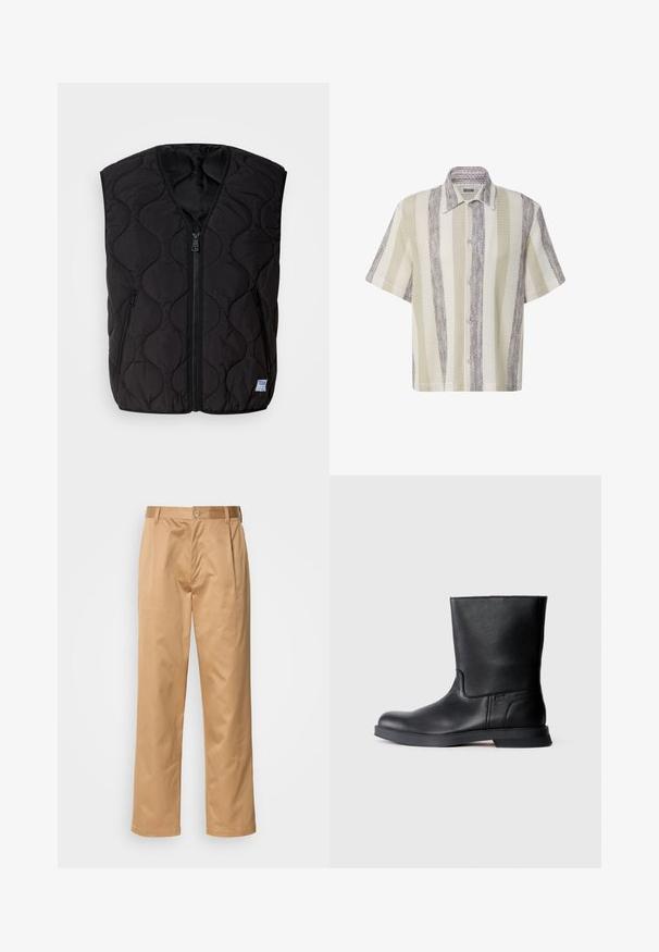 HUGO BOCOLINO - Vest - black; Kortærmet skjorte med knapper med teksturerede lodrette striber i beige, hvide og grå nuancer, med spids krave.; Khaki bukser, blanding af bomuld, lige ben-design, frontfald, bæltesløjfer og knaplukning. Glat tekstur uden mønstre.; Sorte læder ankelstøvler med tekstureret overflade, rund tå og lav gummisål. Enkel design uden synlig hardware eller udsmykninger.