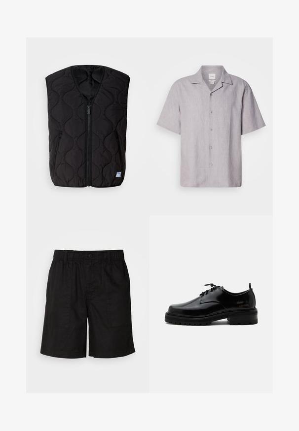 HUGO BOCOLINO - Vest - black; Kortærmet, lysegrå skjorte med knapper fremstillet af hør. Har en spids krave og en subtil tekstur med seks knapper ned foran.; Sorte shorts med elasticiseret talje og knaplukning. Har to store sidelommer med et struktureret stof. Casual design.; Sort poleret læder snørestøvle med tyk gummisål og lav hæl, sideskilt med mærketekst "SAMSOE" og bageste træksnor.