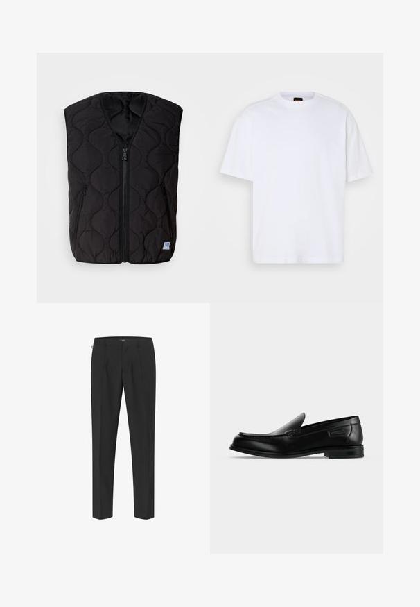 HUGO BOCOLINO - Vest - black; Valge puuvillane T-särk ümmarguse kaelusega, lühikeste varrukatega ja vabalt langeva lõikega. Omab tekstuuriga õmblusi õlgadel, et lisada detaili.; Mustad mustreeritud mustad püksid, millel on sujuv disain, ees voldid, sirged jalad ja sile tekstuur. Minimalistlikud detailid ja nähtavaid mustreid pole.; Mustast nahast libisev loafers madala kontsaga, ümar nina ja dekoratiivse õmblusega üleval serval.