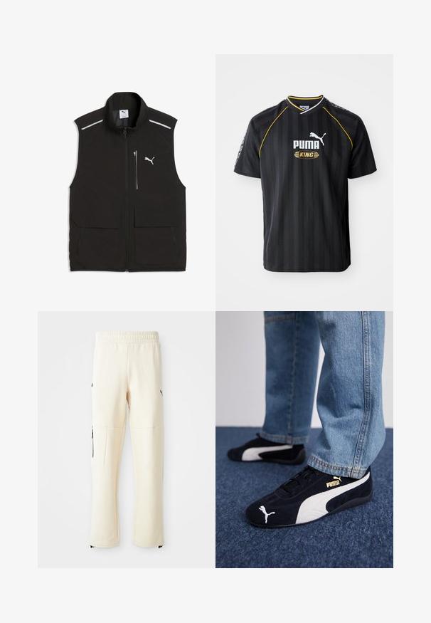 Chaleco negro sin mangas con cremallera frontal, bolsillo en el pecho con cremallera, dos grandes bolsillos con solapa, bandas reflectantes en los hombros y logotipo de Puma en el pecho.; Camiseta deportiva negra con rayas verticales, cuello redondo y detalles en amarillo. Presenta los logotipos de "PUMA" y "KING" en la parte delantera.; Pantalones de chándal de color beige claro, hechos de un tejido suave. Presentan un logo negro, bolsillos laterales con cremalleras y un corte relajado.; Zapatillas de ante negras con acentos blancos, que presentan un logo dorado. Combinadas con unos jeans de mezclilla azul claro y colocadas sobre una superficie texturizada azul.