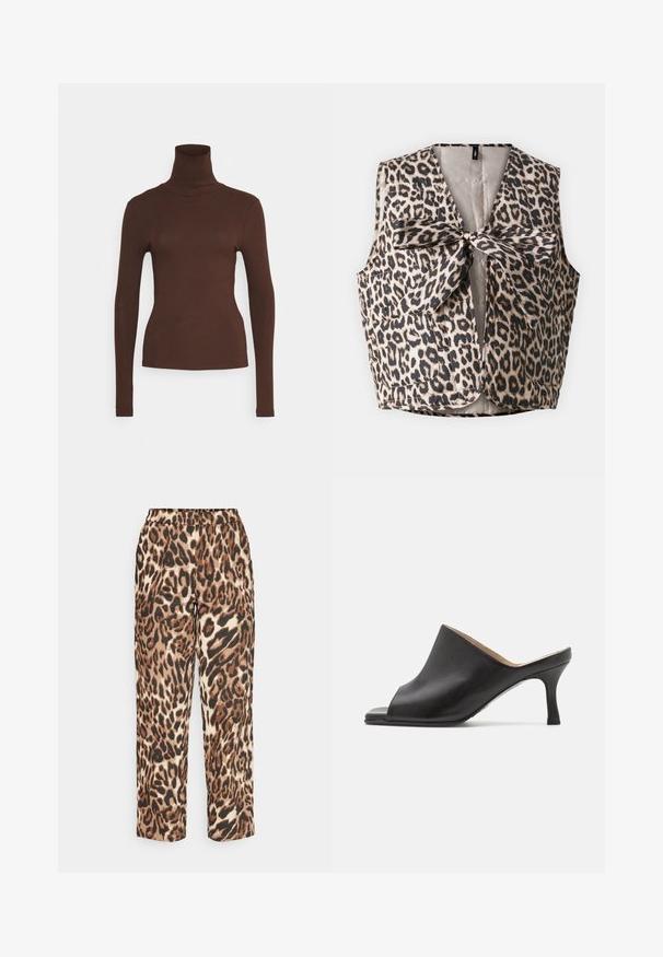 Vesta s leopardím vzorom s uzáverom na motýlik, vyrobená z lesklého materiálu, s dvoma prednými vreckami a bezrukávovým dizajnom.; Pieces PCKITTE ROLLNECK - Top s dlhým rukávom - chicory coffee; Pieces PCOLEO STRAIGHT PANT - Nohavice - birch; Selected ASHLEY - Šľapky na opätku - black