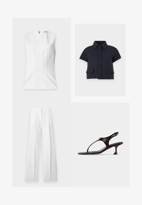 Blouse blanche sans manches avec un col rond, des coutures verticales devant et une fermeture éclair dans le dos.; Veste courte bleu marine à manches courtes avec col pointu, fermeture boutonnée à l'avant et deux poches à rabat avec boutons.; Pantalon blanc taille haute à jambes larges avec plis, passants pour ceinture et fermeture avant dissimulée, présenté sur un fond uni.; Sandale slingback en cuir verni marron foncé avec petit talon et bride entre les orteils sur fond blanc.