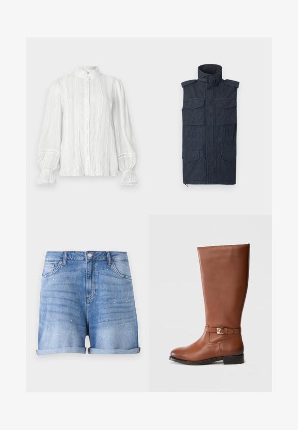 Ärmellose dunkle Jeansweste mit hohem Kragen, Reißverschluss vorne, Schulterklappen und vier Klappentaschen auf der Vorderseite.; Weiße Bluse mit Knopfleiste, gerafftem Kragen, vertikalen Streifen und strukturiertem Stoff. Mit elastischen Puffärmeln und Spitzenbesatz.; Hellblaue Jeansshorts mit umgeschlagenen Säumen und kleinen silbernen Nieten, die auf den vorderen Taschen und den oberen Oberschenkelbereichen verteilt sind.; Brauner kniehoher Stiefel aus Leder mit geradem Design, flacher Sohle und goldfarbenem Schnallendetail am Knöchel. Glatte Textur, minimale Nähte.
