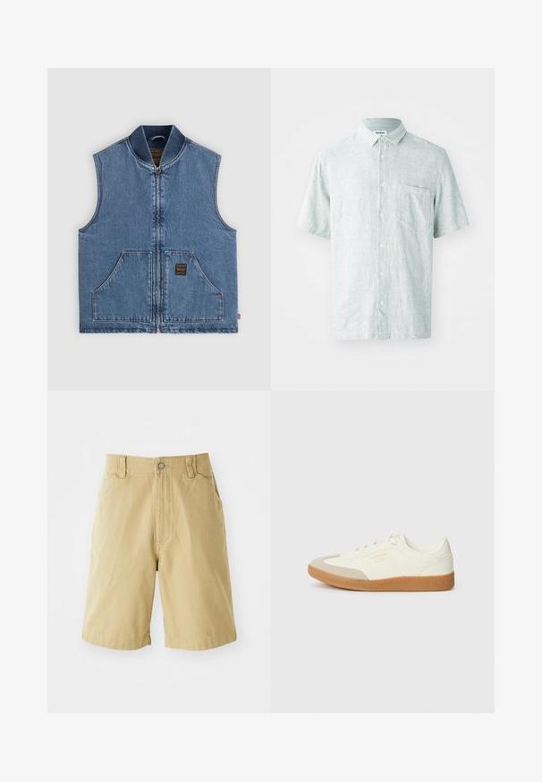Veste sans manches en jean bleu avec fermeture éclair à l'avant, deux grandes poches, col côtelé et petite étiquette foncée sur la poche droite.; Chemise à col à manches courtes de couleur vert menthe clair, fabriquée en tissu texturé. Comprend une poche poitrine et des boutons blancs.; Shorts kaki en coton, avec une fermeture éclair, une patte de boutonnage, deux poches latérales et une coupe décontractée. Texture lisse, design à longueur de genoux.; Baskets en cuir blanc avec une coque beige et une semelle en caoutchouc marron clair. Dotées de lacets blancs plats et d'un logo embossé sur le côté.