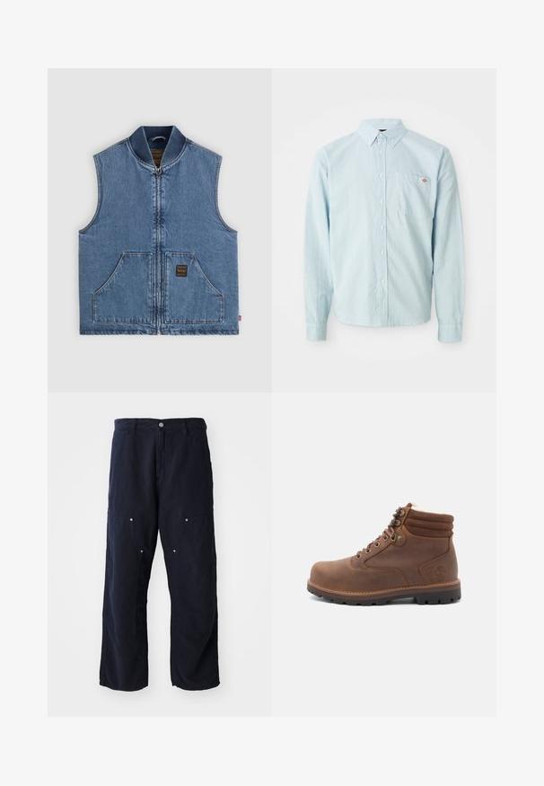 Blaue ärmellose Jeansweste mit Frontreißverschluss, zwei großen Taschen, geripptem Kragen und kleinem dunklem Etikett auf der rechten Tasche.; Helles blaues Langarm-Hemd mit Knopfleiste, Knopfkragen und Brusttasche, die mit einem kleinen roten und weißen Logopatch versehen ist.; Helle königsblaue Cargohose aus Baumwolle mit strukturierter Oberfläche. Verfügt über zwei Fronttaschen mit Knopfakzenten und einen Frontknopfverschluss.; Braune Leder-Absatzstiefelette mit gepolstertem Kragen, Schnürverschluss, robustem Sohle und Fleecefutter, konzipiert für wasserdichten Einsatz im Freien.