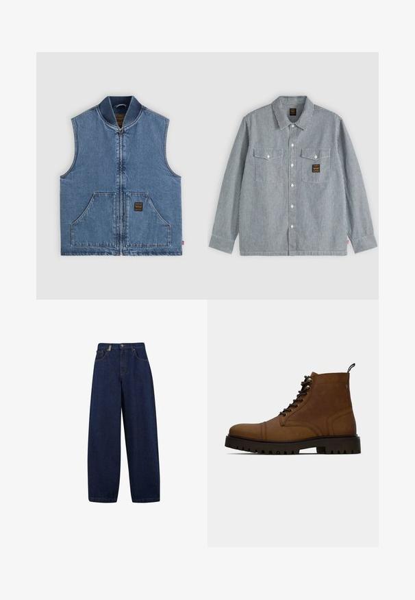 Blauwe denim mouwloze vest met rits aan de voorkant, twee grote zakken, geribde kraag en een klein donker label op de rechterzak.; Overhemd met lange mouwen en knopen met dunne verticale zwarte en witte strepen, twee voorzakken met kleppen en een kleine zwarte patch op de rechterzak.; Losse, donkerblauwe denim jeans met een hoge taille, frontzakken en een recht model. Inclusief zilverkleurige hardware en minimale stiksels.; Bruine leren veterschoenen tot de enkel met dikke zwarte profielzool en een trekband op een witte achtergrond.