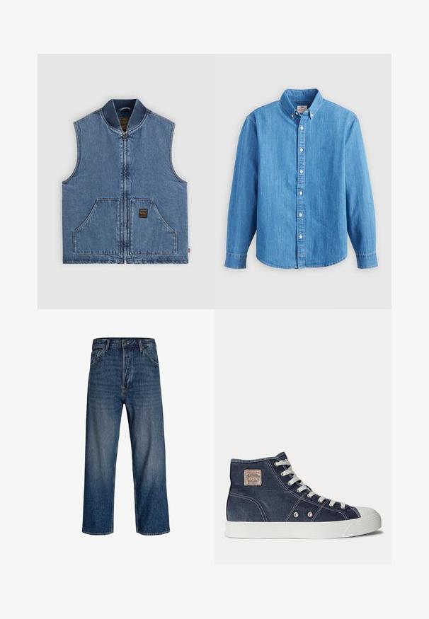 Blauwe denim mouwloze vest met rits aan de voorkant, twee grote zakken, geribde kraag en een klein donker label op de rechterzak.; Lichtblauw denim overhemd met lange mouwen, button-down kraag en witte knopen. Heeft een klein geborduurd logo op de borst.; Denim jeans met een recht model, donkere blauwtint en subtiele vervaging. Voorzien van vijf zakken en een knoopsluiting.; Marineblauwe hoge sneaker met witte veters, witte rubberen zool, metalen oogjes en een klein beige merklabel op het enkelgebied.