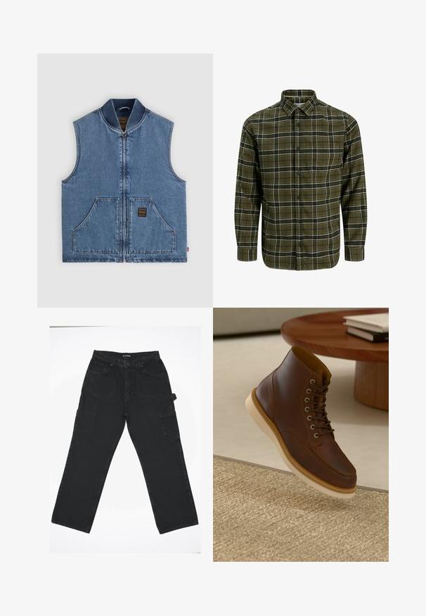 Blaue ärmellose Jeansweste mit Frontreißverschluss, zwei großen Taschen, geripptem Kragen und kleinem dunklem Etikett auf der rechten Tasche.; Grün-schwarz kariertes Flanellhemd mit langen Ärmeln, Knopfleiste vorne und einer Brusttasche. Strukturierter Stoff mit karierter Musterung.; Schwarze Denim-Hose mit geradem Bein, ausgestattet mit einem Frontknopfverschluss, Gesäßtaschen und einer seitlichen Cargo-Tasche.; Braune Leder-Ankle-Boots mit beiger Sohle auf einem strukturierten beigen Teppich neben einem runden Holztisch mit gestapelten Büchern.