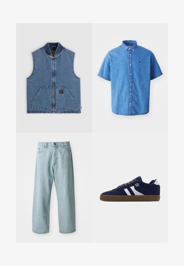 Blauwe denim mouwloze vest met rits aan de voorkant, twee grote zakken, geribde kraag en een klein donker label op de rechterzak.; Lichtblauw denim shirt met korte mouwen en een knoopsluiting-kraag, voorzien van een logo op de borst en opvallende stiksels.; Lichtblauwe denim jeans met een wijde pijp. Beschikt over vijf zakken, een sluiting met een voorknoop en rits, en een iets vervaagde textuur.; Marineblauwe suede sneaker met witte strepen, grijze veters en een gestructureerde bruine rubberen zool. Heeft een logo aan de zijkant en een gevoerd kraagje.