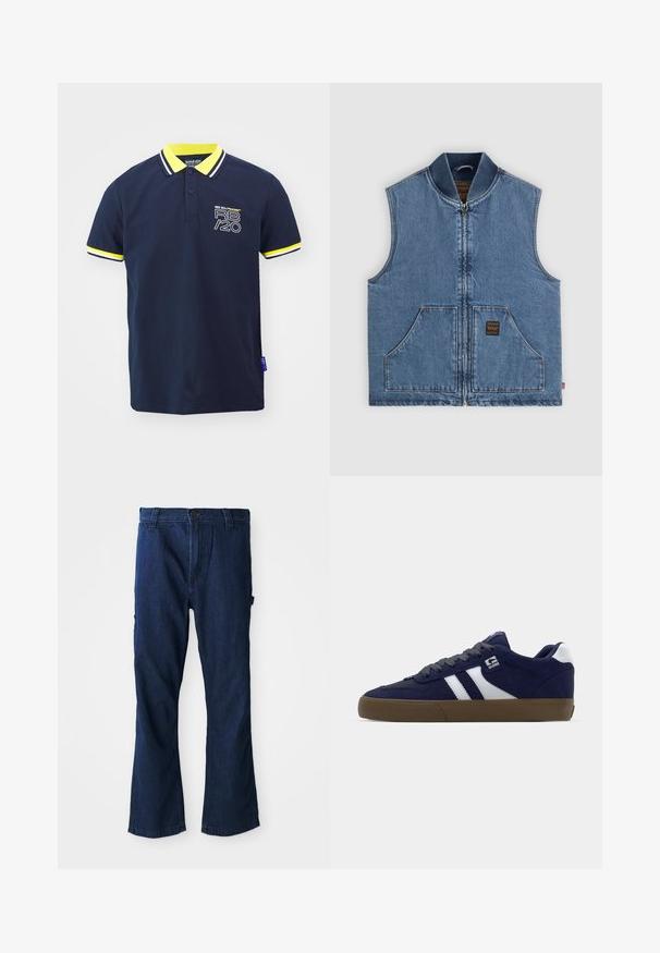 Blaue ärmellose Jeansweste mit Frontreißverschluss, zwei großen Taschen, geripptem Kragen und kleinem dunklem Etikett auf der rechten Tasche.; Navyblaues Poloshirt mit gelben und weißen gestreiften Kragen- und Ärmelakzenten. Verfügt über das Red Bull Racing-Logo auf der Vorderseite. Kurzärmliges Design.; Blaue Jeans aus Denim mit geradem Bein, Knopfverschluss und zwei seitlichen Taschen sowie einem leicht verwaschenen Finish.; Navyblaues Wildleder-Sneaker mit weißen Streifen, grauen Schnürsenkeln und einer strukturierten braunen Gummisohle. Verfügt über ein Logo an der Seite und einen gepolsterten Kragen.