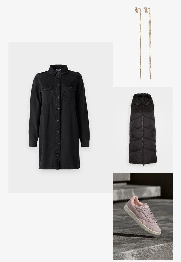 Sort puffervest med høj krave, lynlås og to sidelommer. Designet har kviltede sektioner for ekstra tekstur.; Sort denim skjortekjole med knaplukning foran, krave, lange ærmer og to brystlommer. Har et simpelt design og et robust materiale.; Lyserød ruskinds Reebok-sneaker med hvid sål, snørebånd bundet, placeret i luften over en tekstureret grå betonoverflade.; Pilgrim Øreringe - ox gold crystal tp