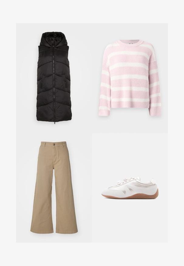 Sort puffervest med høj krave, lynlås og to sidelommer. Designet har kviltede sektioner for ekstra tekstur.; Tyk striktrøje med brede vandrette striber i pastel pink og hvid, med en rund halsudskæring og lange ærmer.; Khaki brede bukser lavet af bomuld, med en frontknaplukning, bæltesløjfer og en glat, mat overflade.; Hvide sneakers med en tekstureret overdel, der har en glat læderaccent, snørelukning og en gummisål i en tanfarve. Enkelte designelementer.