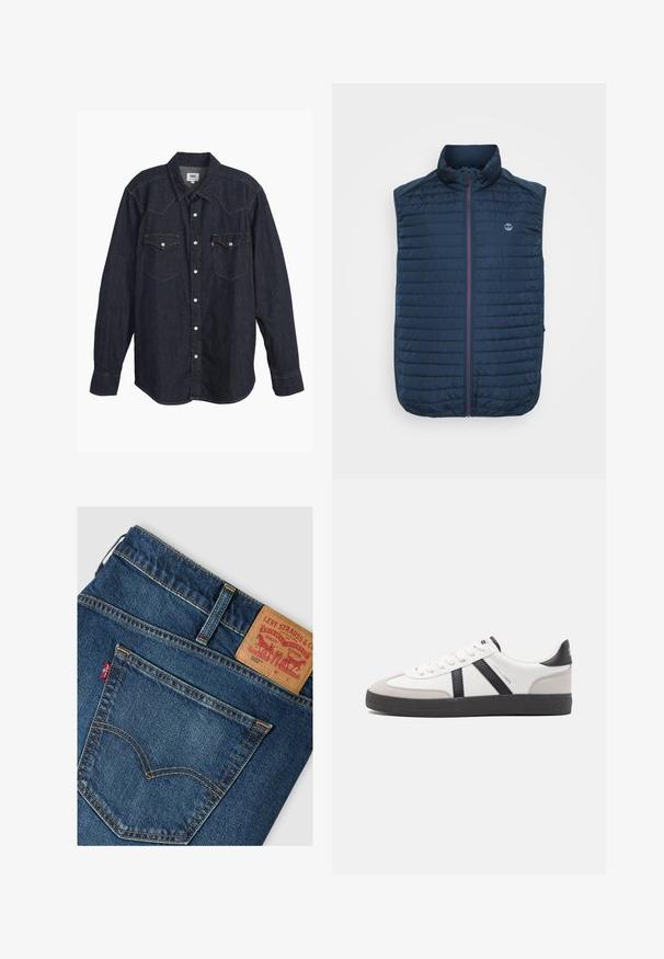 Mørkeblå ærmeløs vest med vandret quiltet tekstur, høj krave, frontlynlås og sidelommer. Har et logo på brystet.; Mørk denim langærmet skjorte med spids krave, to brystlommer, hvide knapper og kontrastfarvet gul syning. Glat, holdbart stof.; Baglomme og linning på blå Levi's 502 jeans med lædermærke og rød Levi's stofmærkat.; Hvide sneakers med sorte og grå detaljer, med en tekstureret grå tåhætte, sort gummisål og flade hvide snørebånd. Rent design, minimalistisk stil.