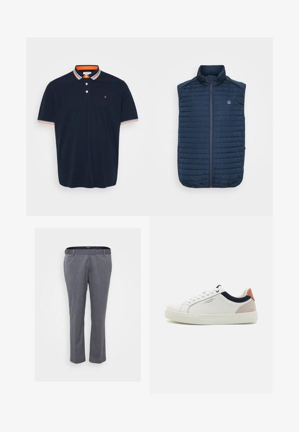 Mørkeblå ærmeløs vest med vandret quiltet tekstur, høj krave, frontlynlås og sidelommer. Har et logo på brystet.; Marineblå polo T-shirt i bomuld med krave, der har orange og grå striber, tre-knaps knaplukning og lille broderet logo på brystet.; Grå skrædderbukser med lige ben-design, lavet af tekstureret stof. Har bæltestropper og lynlåslukning.; Hvide lædersneakers med low-top design, marineblå stofdetalje på kraven og en lys lyserød suede hælflap. Gummisål.