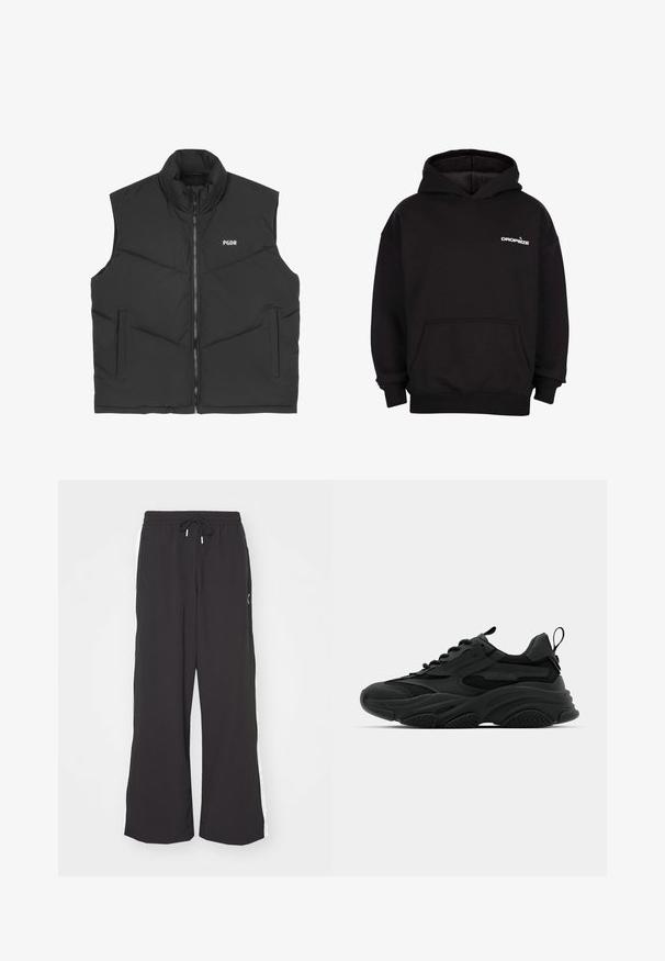 Veste matelassée noire avec col montant, fermeture éclair à l'avant et deux poches latérales. Présente le logo de la marque "PGDR" en blanc sur le côté gauche.; Hoodie noir avec poche kangourou à l'avant et logo "DROPSIZE" blanc sur le côté supérieur gauche de la poitrine.; Pantalons de survêtement larges noirs avec une taille élastique et un cordon de serrage. Dotés de bandes blanches sur les côtés et de deux poches latérales. Texture lisse.; Baskets de sport noires avec une semelle épaisse, des panneaux en mesh et des accents en caoutchouc. Elles disposent d'une sangle de traction à l'arrière et de motifs texturés.