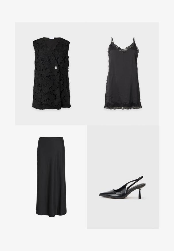 Schwarze ärmellose Spitzenweste mit floralem Muster und einem silbernen Knopf vorne.; Schwarzes Satin-Negligékleid mit Spitzenbesatz entlang des Halsausschnitts, der Seiten und des Saums, mit dünnen Trägern.; Schwarzer Maxirock aus glattem, leichtem Stoff. Verfügt über eine einfache A-Linien-Silhouette mit leicht ausgestelltem Saum und ohne sichtbare Verschlüsse.; Schwarzer Leder Slingback High Heel Schuh mit spitzer Zehenpartie und schmalem Absatz auf einem weißen Hintergrund.