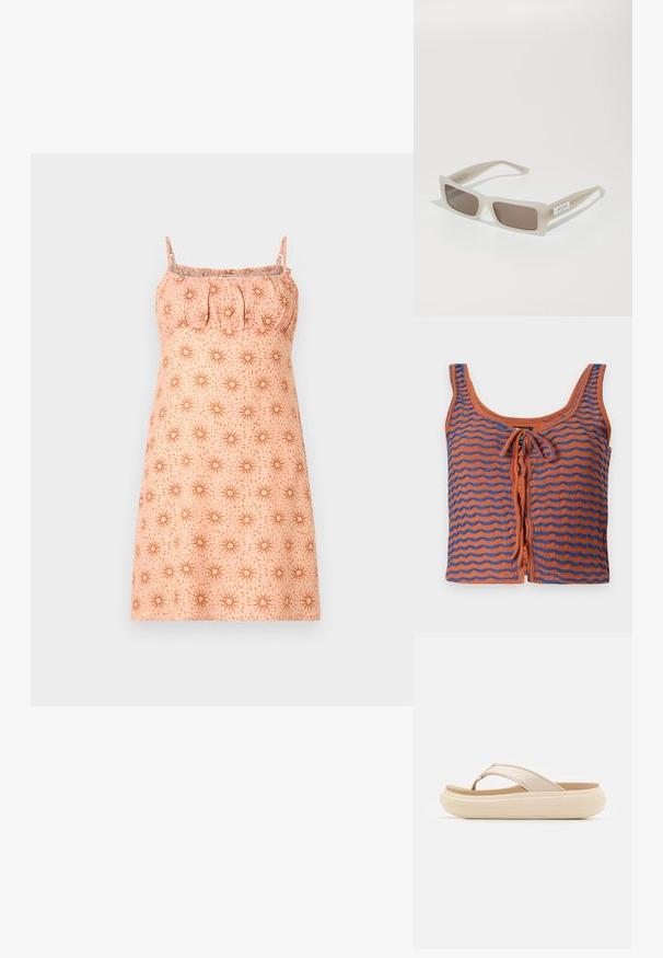 Top de algodón naranja sin mangas con rayas azules onduladas, con un escote redondeado y un detalle de lazo en la parte delantera. Textura suave, diseño corto.; Vestido sin mangas color melocotón con tirantes finos y busto fruncido, con un patrón de rayos de sol naranja por todo el vestido sobre un fondo claro.; Chancla beige con una amplia correa en los dedos y una suela gruesa y redondeada. Presenta un material superior suave y una plantilla en color marrón que contrasta.; Gafas de sol beige escarchadas con lentes rectangulares, tinte degradado marrón y montura de plástico suave, con un pequeño logo en el lateral.