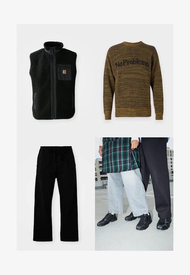 Chaleco de forro polar negro con cuello alto, cierre frontal con cremallera y un bolsillo en el pecho. Presenta un tejido texturizado y bolsillos laterales con detalles en negro.; Suéter de punto con un patrón marrón y amarillo, cuello redondo y puños acanalados, que presenta el texto "NoProblemo" en negro en la parte frontal.; Pantalones negros de cintura elástica con cordón ajustable, de piernas anchas y textura de algodón suave. Sin patrones visibles ni detalles de hardware.; Zapatillas deportivas negras con acentos de malla y goma. Combinadas con jeans de pierna ancha de color gris claro y una blusa de cuadros verdes. Fondo de superficie plana.