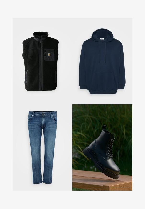Čierny fleece vest s vysokým golierom, predným zipsom a vreckom na hrudi. Obsahuje textúrovanú tkaninu a bočné vrecká s čiernymi akcentmi.; Námořnická modrá mikina s kapucí z bavlněné směsi, se stažitelnou kapucí, přední klokaní kapsou, žebrovanými manžetami a uvolněným střihem.; Modré džínsy z denimu so strihom rovného nohavice, s prednými vreckami, zipsom a jemným vyblednutím. Klasický štýl s umývaním strednej intenzity.; Čierna kožená členková čižma s okrúhlou špičkou, šnurovaním vpredu a hrubou zúbkovanou podrážkou. Obsahuje pútko na golieri pre jednoduchšie obúvanie.