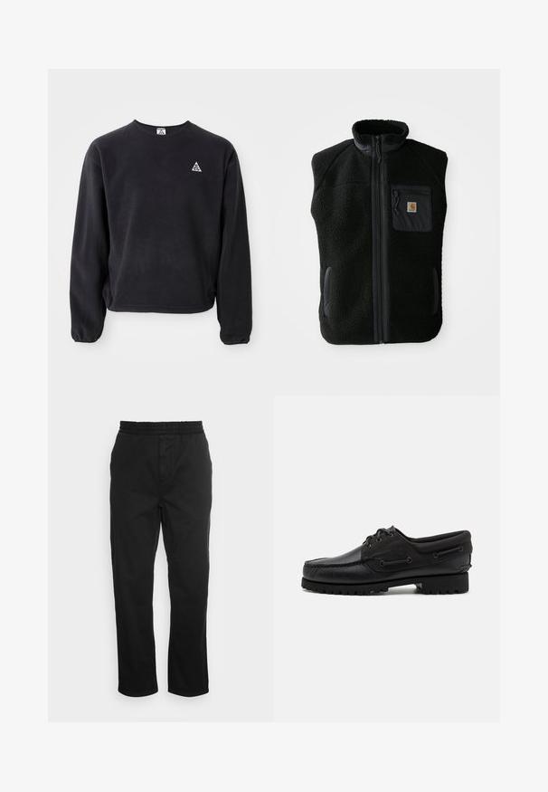 Schwarze Fleeceweste mit hohem Kragen, Frontreißverschluss und Brusttasche. Mit strukturiertem Stoff und Seitentaschen mit schwarzen Akzenten.; Schwarzer Pullover mit langen Ärmeln, Rundhalsausschnitt und elastischen Bündchen. Auf der linken Brust befindet sich ein kleines weißes Dreieckslogo. Weicher Stoff.; Schwarze Baumwollhose mit elastischem Bund, geraden Beinen und seitlichen Taschen. Glatte Textur ohne Muster oder Akzente.; Schwarzer Schuh mit einem Obermaterial aus Leder, textilen Akzenten, runden Schnürsenkeln und einer strukturierten Gummisohle. Verfügt über Mokassin-Nähte und eine Markeninschrift.