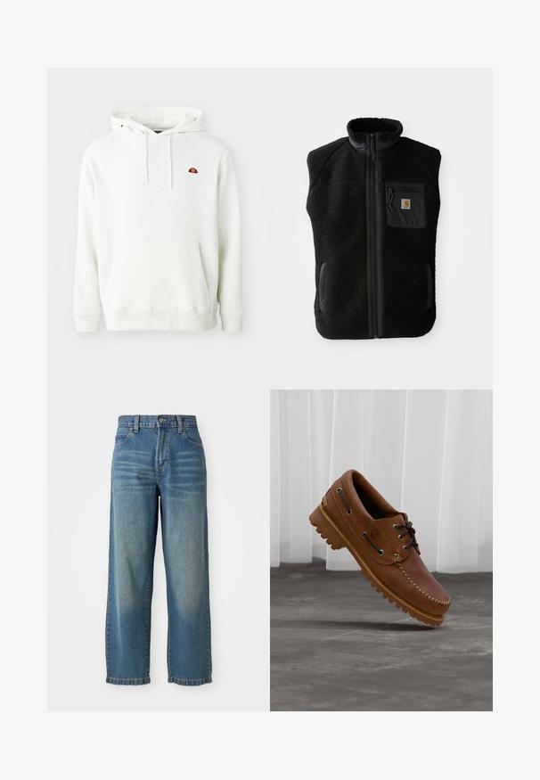 Must värvi fleece vest kõrge kraega, ees lukuga, ja rinnataskuga. Omab tekstureeritud kangast ja küljetaskuid mustade detailidega.; Valge laiguline kapuutsiga särk, millel on ees tasku, reguleeritav nööriga kapuuts ja väike mitmevärviline logo vasakul rinnal.; Heledad helesin sinised laiad teksad kõrge vöökohaga, viie taskuga ja kergelt kulunud viimistlusega. Sisseehitatud nööp ja tõmblukk.; Pruun nahast paadisuss mustade paelte, beežide õmbluste ja robustse taldaga, hõljuvalt halli betoonpõranda kohal.