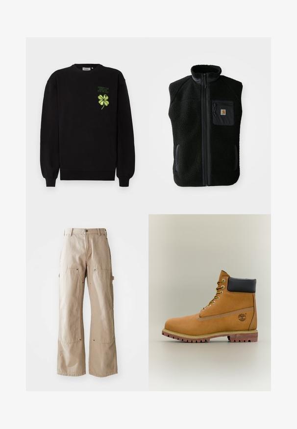 Gilet en polaire noir avec un col haut, fermeture zippée sur le devant et une poche poitrine. Présente un tissu texturé et des poches latérales avec des accents noirs.; Sweat-shirt noir en tissu doux, avec un trèfle à quatre feuilles vert brodé et un texte sur la poitrine. Poignets et ourlet côtelés.; Pantalons larges beige en coton robuste. Comprend des poches avant et latérales, des coutures visibles et des accents en métal sur les poches.; Bottine en cuir marron avec col noir, lacets jaunes et semelle beige. Présente un logo et des détails de couture blanche. Semelle extérieure à traction robuste.