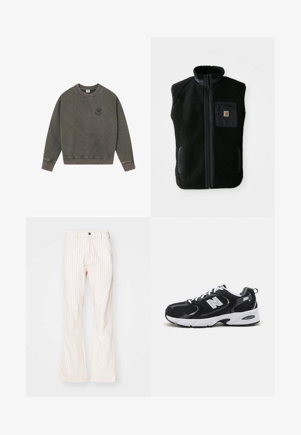 Gilet en polaire noir avec un col haut, fermeture zippée sur le devant et une poche poitrine. Présente un tissu texturé et des poches latérales avec des accents noirs.; Sweat-shirt à col rond gris foncé avec des poignets et un ourlet côtelés, arborant un petit logo circulaire avec un arbre et du texte sur la poitrine gauche.; Pantalons évasés crème avec des rayures rouges verticales, dotés d'une fermeture à bouton, de poches latérales et d'un tissu lisse.; Baskets de sport noires et grises avec un tige en mesh et en suède, présentant une semelle intermédiaire blanche, des lacets et un logo "N" audacieux sur le côté.