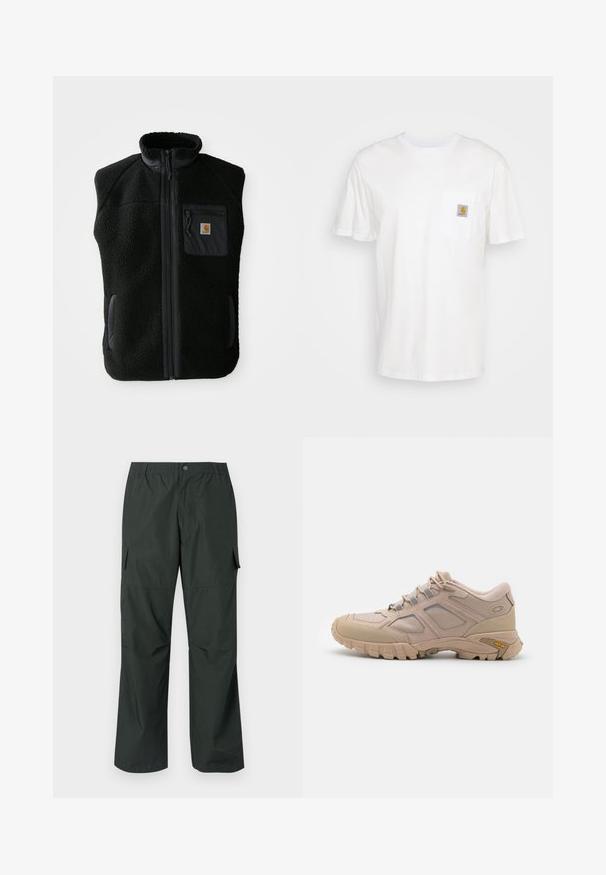 Chaleco de forro polar negro con cuello alto, cierre frontal con cremallera y un bolsillo en el pecho. Presenta un tejido texturizado y bolsillos laterales con detalles en negro.; Camiseta de algodón blanca con mangas cortas, un bolsillo en el pecho y un pequeño parche cuadrado de logo en naranja y blanco en el bolsillo.; Pantalones cargo verde oscuro con un corte relajado, cintura elástica, bolsillos cosidos y una textura de tela suave y ligera.; Zapatilla deportiva beige con una parte superior de malla texturizada, superposición sintética y suela Vibram. Presenta un sistema de cordones y detalles en el panel lateral.