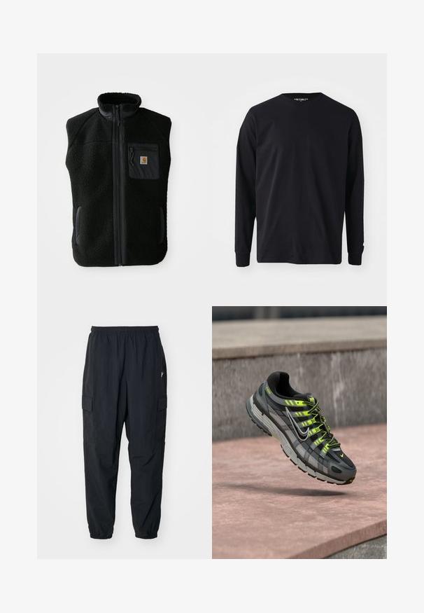 Sort fleece vest med høj krave, lynlåslynlås foran og brystlomme. Har struktureret stof og sidelommer med sorte accenter.; Sort langærmet t-shirt lavet af bomuld, med rund halsudskæring og lige pasform, samt et lille logodetalje på ærmet.; Sorte cargo-bukser lavet af letvægtsmateriale, der har en elastisk talje, sidelommer og en afslappet pasform med elastiske manchetter.; Sort og grå Nike P-6000 sneaker med neon-gule accenter og snørebånd svævende over en lyserød betonoverflade.