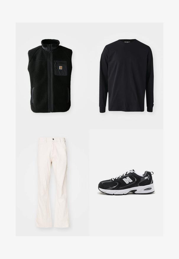 Sort fleece vest med høj krave, lynlåslynlås foran og brystlomme. Har struktureret stof og sidelommer med sorte accenter.; Sort langærmet t-shirt lavet af bomuld, med rund halsudskæring og lige pasform, samt et lille logodetalje på ærmet.; Kræmfarvede, flagrende bukser med lodrette røde striber, der har en knaplukning, sidelommer og et glat tekstureret stof.; Sorte og grå sportssko med mesh og ruskind på overdelen, der har en hvid mellemsål, snørebånd og et iøjnefaldende "N" logo på siden.