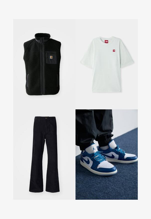 Zwarte fleece vest met hoge kraag, ritssluiting aan de voorkant en een borstzak. Heeft een textuurstof en zijzakken met zwarte accentueringen.; Lichtgroene T-shirt met korte mouwen van zachte katoen, voorzien van een klein rood logo label op de linker borst. Ontspannen pasvorm en ronde halslijn.; Zwarte, katoenen flared broeken met een traditionele tailleband, enkele knoop aan de voorkant en zakken aan de zijkanten en achterkant. Glad textuur.; Nike Air Jordan sneakers hebben een witte leren basis met blauwe synthetische accenten, een geperforeerde neusdoos en blauwe veters.