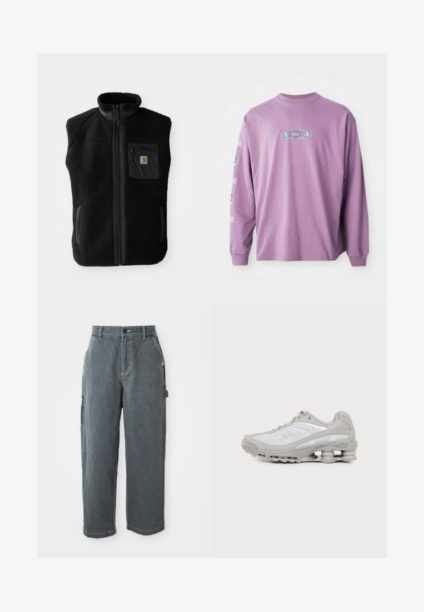 Sort fleece vest med høj krave, lynlåslynlås foran og brystlomme. Har struktureret stof og sidelommer med sorte accenter.; Langærmet T-shirt i lyse lilla stof med et centralt grafisk design med "3 ONE 3" og dekorative detaljer på ærmerne.; Mørkegrå lige ben arbejdsbukser med bæltestropper, frontknap og lynlås, sidelommer og en hammerløkke på højre ben.; Grå og hvid atletiksko med synlig luftpolstret sål og mesh-paneler, vist i profil på en ensartet lys baggrund.