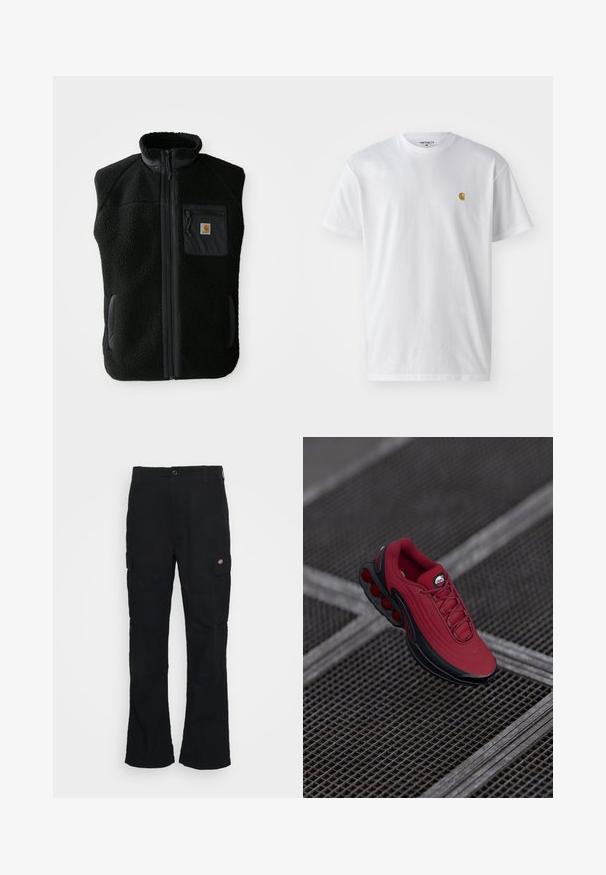 Sort fleece vest med høj krave, lynlåslynlås foran og brystlomme. Har struktureret stof og sidelommer med sorte accenter.; Hvid bomulds t-shirt med korte ærmer, rund hals og et lille guld logo på venstre brystområde. Blød tekstur og almindelig pasform.; Sorte cargo bukser med lige ben-design, fremstillet af slidstærkt stof, med sidelommer og et patch-logo på venstre side.; Rød sneakers med en tekstureret overdel, der har sorte accenter og et fremtrædende design med luftcushioning sål. Snørebånd og logo er synlige ovenpå.