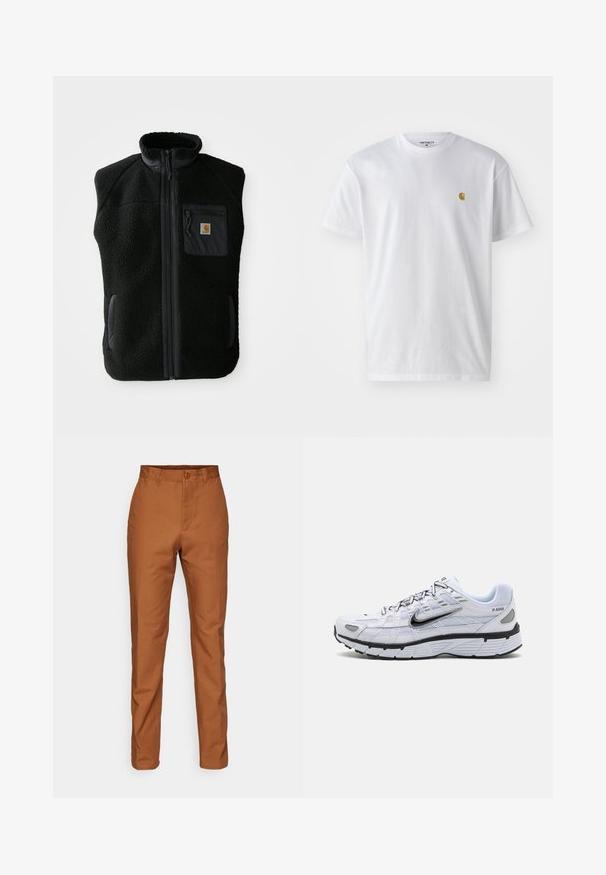 Chaleco de forro polar negro con cuello alto, cierre frontal con cremallera y un bolsillo en el pecho. Presenta un tejido texturizado y bolsillos laterales con detalles en negro.; Camiseta de algodón blanca con mangas cortas, cuello redondo, que presenta un pequeño logo dorado en la parte izquierda del pecho. Textura suave y corte regular.; Pantalones de algodón marrón con un corte recto, presentan un cierre de botón y bolsillos laterales. Textura suave con un color uniforme en toda la prenda.; Zapatilla de running blanca con parte superior de malla, punta redondeada, acentos negros y una suela con patrón. Presenta cordones y una marca en el lateral.