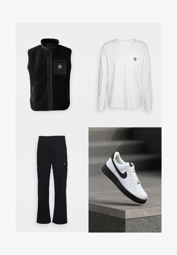 Čierny fleece vest s vysokým golierom, predným zipsom a vreckom na hrudi. Obsahuje textúrovanú tkaninu a bočné vrecká s čiernymi akcentmi.; Biela košeľa s dlhým rukávom vyrobená z bavlny, s náprsné vrecko a štvorcovou nášivkou loga. Jednoduchý dizajn s okrúhlym výstrihom a manžetami.; Čierne cargo nohavice so vzorom rovného strihu, vyrobené z odolnej tkaniny, s bočnými vreckami a nášivkou logo na ľavej strane.; Biela kožená teniska s čiernymi akcentmi, zaoblenou špičkou a perforovanými detailmi. Čierna gumová podrážka s textúrovaným vzorom a šnurovanie na šnúrky.