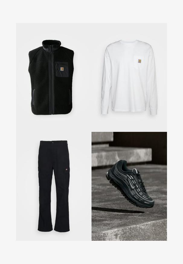 Schwarze Fleeceweste mit hohem Kragen, Frontreißverschluss und Brusttasche. Mit strukturiertem Stoff und Seitentaschen mit schwarzen Akzenten.; Langärmliges, weißes Hemd aus Baumwolle mit einer Brusttasche und einem quadratischen Logopatch. Einfaches Design mit rundem Ausschnitt und gefütterten Ärmeln.; Schwarze Cargo-Hose mit geradem Bein, aus strapazierfähigem Stoff gefertigt, mit Seitentaschen und einem aufgenähten Logo auf der linken Seite.; Schwarzer und grauer Nike Air Max Sneaker, der über graue Betonstufen mit strukturiertem Bodenhintergrund schwebt.