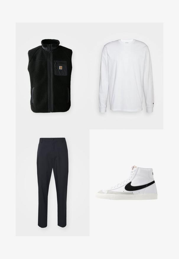 Zwarte fleece vest met hoge kraag, ritssluiting aan de voorkant en een borstzak. Heeft een textuurstof en zijzakken met zwarte accentueringen.; Witte lange mouwen T-shirt van katoen. Ronde hals ontwerp met ribgebreide manchetten en een klein logo op de linkermouw. Gladde textuur.; Zwarte broek met een gladde textuur, recht model, knoopsluiting en riemlussen. Geen zichtbare patronen of accenten.; Witte hoge sneakers met een zwarte swoosh, textuur grijze neus en een vlakke witte zool. Kenmerkt zes veteropeningen en gestikte accenten.