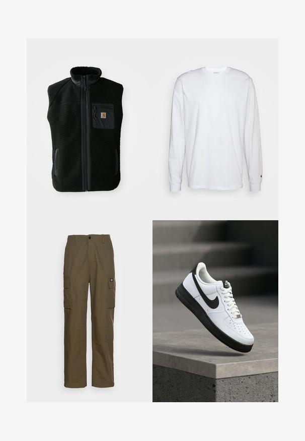 Čierny fleece vest s vysokým golierom, predným zipsom a vreckom na hrudi. Obsahuje textúrovanú tkaninu a bočné vrecká s čiernymi akcentmi.; Biela dlhá bavlnená tričko s dlhým rukávom. Dizajn s okrúhlym výstrihom a rebrovanými manžetami, malá nášivka na ľavom rukáve. Hladká textura.; Cargo nohavice v olivovo zelenej farbe, vyrobené z odolného materiálu. Majú dve bočné vrecká, štandardný pás a rovný strih nohavíc.; Biela kožená teniska s čiernymi akcentmi, zaoblenou špičkou a perforovanými detailmi. Čierna gumová podrážka s textúrovaným vzorom a šnurovanie na šnúrky.