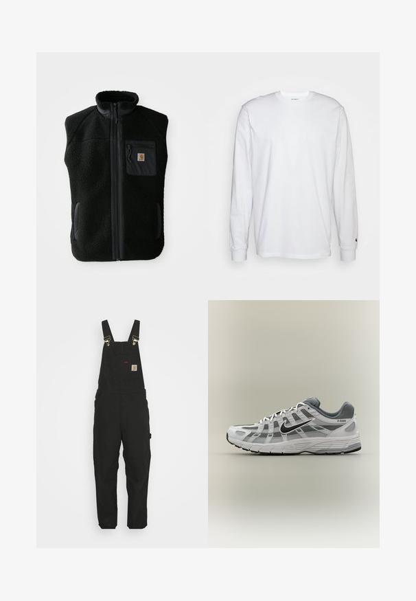 Sort fleece vest med høj krave, lynlåslynlås foran og brystlomme. Har struktureret stof og sidelommer med sorte accenter.; Hvid langærmet T-shirt lavet af bomuld. Rund halsudskæring med ribbede manchetter og et lille logo på venstre ærme. Glat tekstur.; Sorte bomuldsoveralls med justerbare stropper, en forlommes med logo patch og to sidelommer i en afslappet pasform.; Hvid og grå Nike P-6000 sneaker med sort swoosh, meshpaneler og tekstureret sål, vist i sideprofil på neutral baggrund.