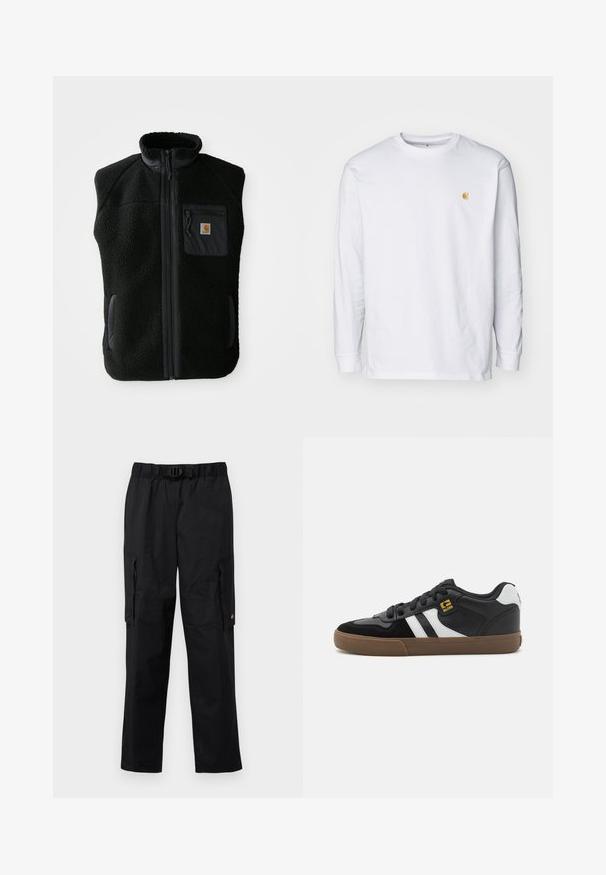 Čierny fleece vest s vysokým golierom, predným zipsom a vreckom na hrudi. Obsahuje textúrovanú tkaninu a bočné vrecká s čiernymi akcentmi.; Biely tričko s dlhým rukávom z bavlny. Na hrudi má malé zlaté logo a okrúhly výstrih. Jednoduchý dizajn a štandardný strih.; Čierne cargo nohavice s elastickým pásom, nastaviteľným opaskom, viacerými bočnými vreckami a hladkou, ľahkou textúrou látky.; Čierno-biele tenisky s vrchnou časťou z semišu a kože, so skupinou bielych pruhov, čiernymi šnúrkami a hnedou gumovou podrážkou. Zlato zdobené logo.
