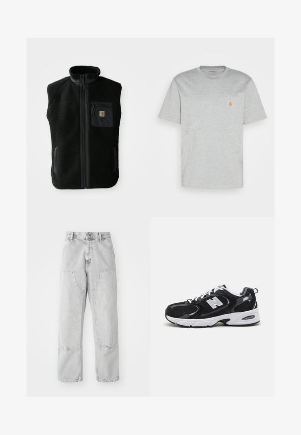 Chaleco de forro polar negro con cuello alto, cierre frontal con cremallera y un bolsillo en el pecho. Presenta un tejido texturizado y bolsillos laterales con detalles en negro.; Camiseta de algodón gris con mangas cortas y cuello redondo. Presenta un bolsillo en el pecho izquierdo y un pequeño logo de la marca en color naranja en el bolsillo.; Pantalones de mezclilla gris claro con un corte holgado, que presentan grandes bolsillos laterales, costuras visibles y un diseño de pierna recta. Pasadores para cinturón en la cintura.; Zapatillas deportivas en negro y gris con parte superior de malla y ante, que cuentan con una entresuela blanca, cordones y un llamativo logo "N" en el lateral.