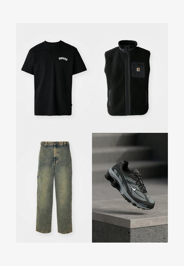 Čierny fleece vest s vysokým golierom, predným zipsom a vreckom na hrudi. Obsahuje textúrovanú tkaninu a bočné vrecká s čiernymi akcentmi.; Čierne bavlnené tričko s krátkymi rukávmi a okrúhlym výstrihom. Na hrudi sa nachádza biele zakrivené logo "DICKIES". Jednoduchý dizajn, bez vzorov.; Voľné denimové nohavice v bledom modrom a zelenom umývaní. Obsahujú zapínanie na gombík, pútka na opasok a bočné vrecká. Rovný strih a priame nohavice.; Šedá a čierna športová teniska s panelmi z sieťoviny a hrubou podrážkou, umiestnená vo vzduchu nad betónovým obrubníkom a schodmi v pozadí.