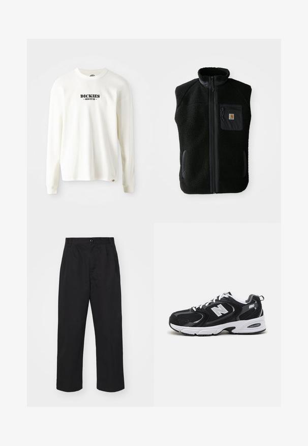 Sort fleece vest med høj krave, lynlåslynlås foran og brystlomme. Har struktureret stof og sidelommer med sorte accenter.; Hvid langærmet ribbet sweatshirt med et sort logo "DICKIES" med "SINCE '22" nedenunder, rund hals og manchetter.; Sorte bomuldsbukser med lige pasform, der har en knaplukning, to frontlommer og en glat tekstur.; Sorte og grå sportssko med mesh og ruskind på overdelen, der har en hvid mellemsål, snørebånd og et iøjnefaldende "N" logo på siden.