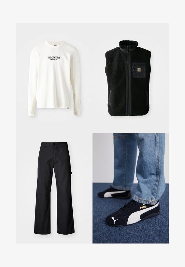 Zwarte fleece vest met hoge kraag, ritssluiting aan de voorkant en een borstzak. Heeft een textuurstof en zijzakken met zwarte accentueringen.; Witte lange mouw geribbelde sweatshirt met een zwart logo "DICKIES" en "SINCE '22" eronder, ronde hals en manchetten.; Zwarte, wijde broek gemaakt van duurzaam materiaal. Voorzien van een knoopsluiting en zijzakken. Glad textuur met een strakke uitstraling.; Zwarte suède sneakers met witte accenten, voorzien van een gouden logo. Gemaakt met lichtblauwe spijkerbroek en geplaatst op een textuur blauwe ondergrond.