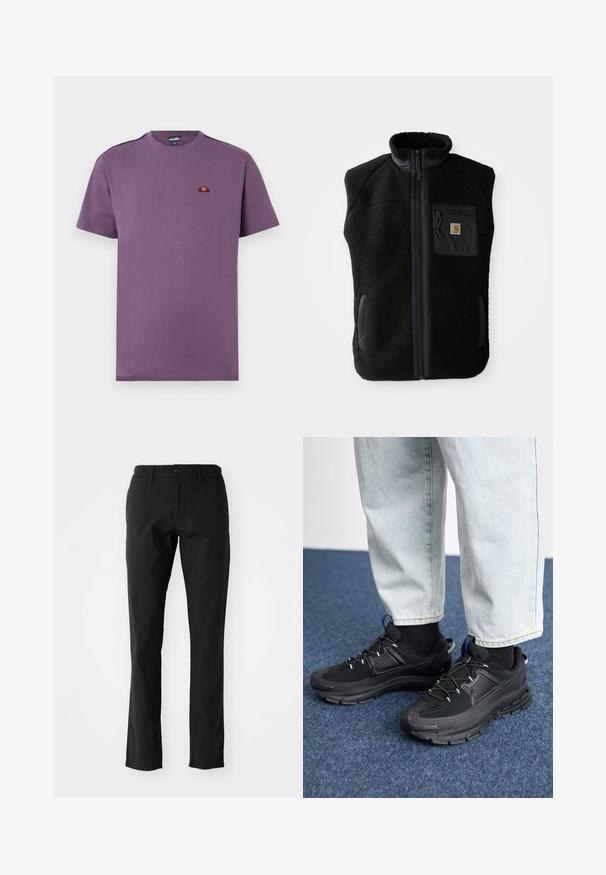 Sort fleece vest med høj krave, lynlåslynlås foran og brystlomme. Har struktureret stof og sidelommer med sorte accenter.; Lilla bomulds T-shirt med rund halsudskæring og korte ærmer. Har et lille broderet logo på brystet og ensartet tekstur.; Sorte bukser lavet af letvægtsstof, med lige ben-design, frontlukning med knap og sidelommer. Glat tekstur.; Sorte træningssko med tekstureret stof og gummisåler, udstyret med elastiske snørebånd og en blå detalje på hælen. Bæres med lyse denimbukser.
